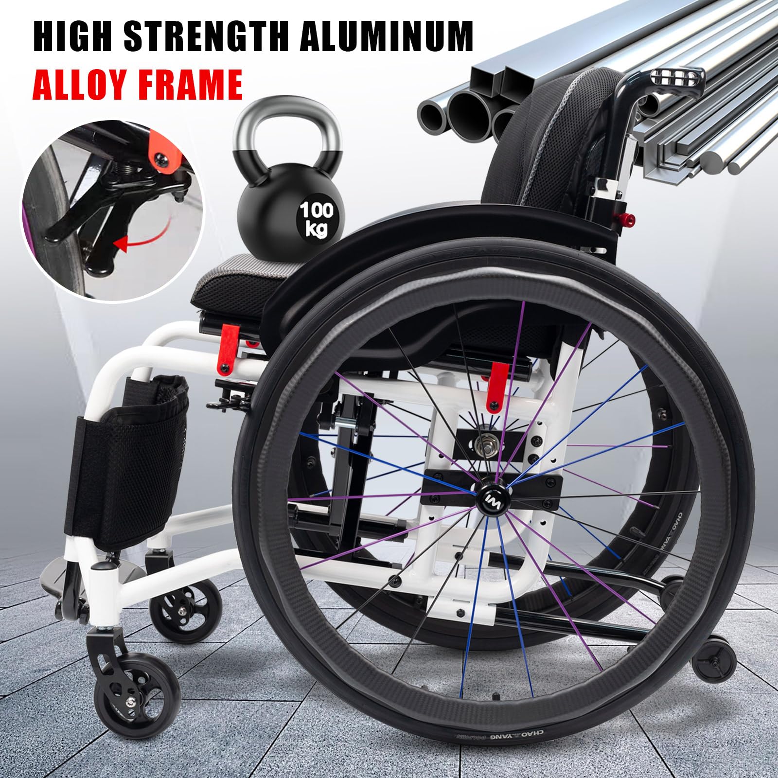 Silla De Ruedas Ligera Para Adultos,Silla de Ruedas Deportiva Manual Plegable,Ultraligera de Aleación de Aluminio,Freno de mano, liberación rápida,Silla de ruedas de tránsito(Seat width 38cm/15in,B)