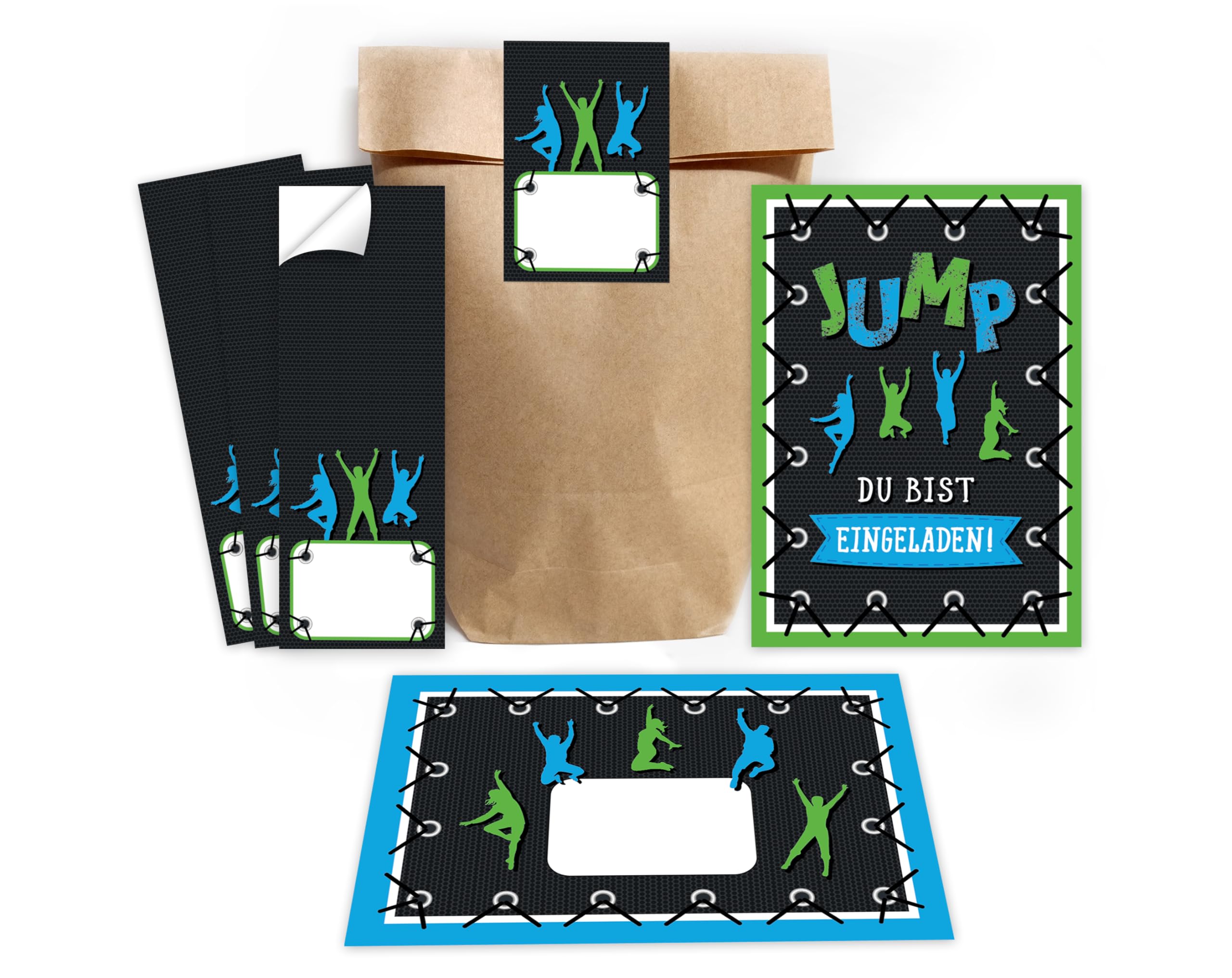 Minkocards 12 Einladungskarten Kindergeburtstag Jungen Mädchen Jump Trampolin Einladungen Jungsgeburtstag Mädchengeburtstag incl. 12 Umschläge, 12 Partytüten/natur, 12 Aufkleber
