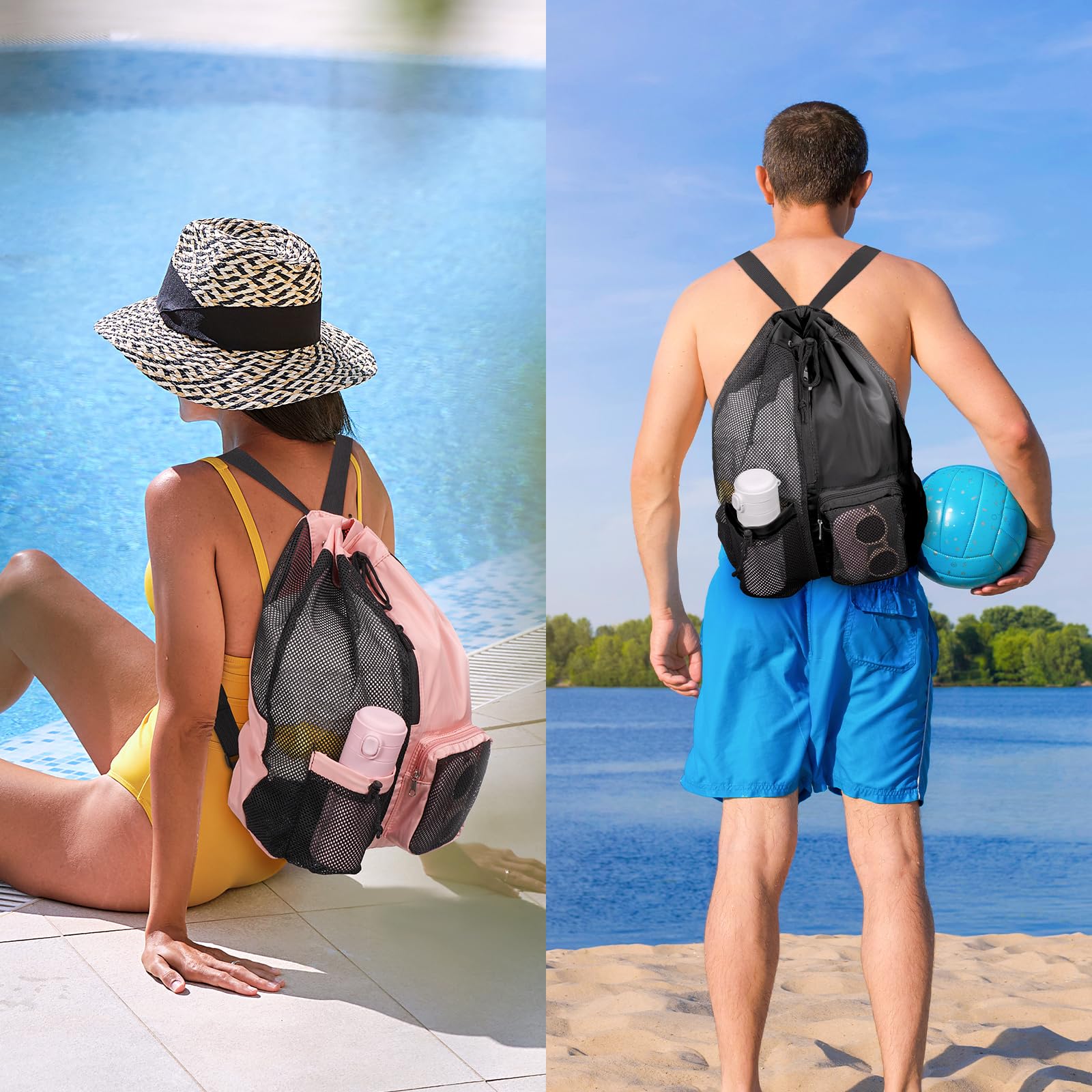 Sac Piscine Résistant à l'eau Sac Cordon Séparation Humide et Sèche, Sac de Sport en Maille Sac à Dos Sportif pour La Natation, Sacs à Dos pour Enfants Adultes Natation Gym Plage Sport