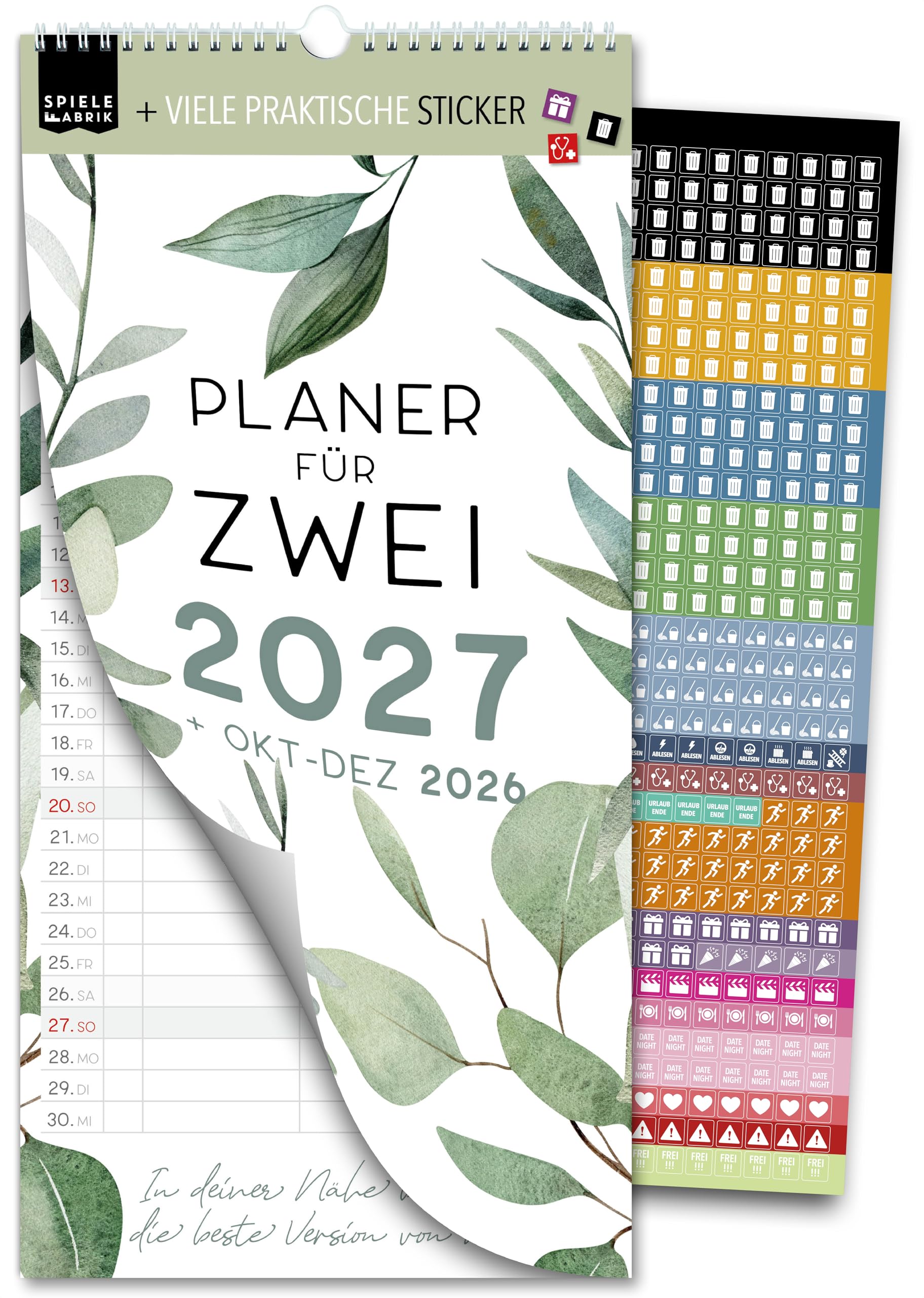 Spielefabrik® Familienkalender 2027 3 Spalten Paarkalender 16 x 32,5 cm FLORAL Kalender mit Sprüchen für 2 Personen Paarplaner Romantischer Partnerplaner Wandkalender Natur mit Ferien Stickern