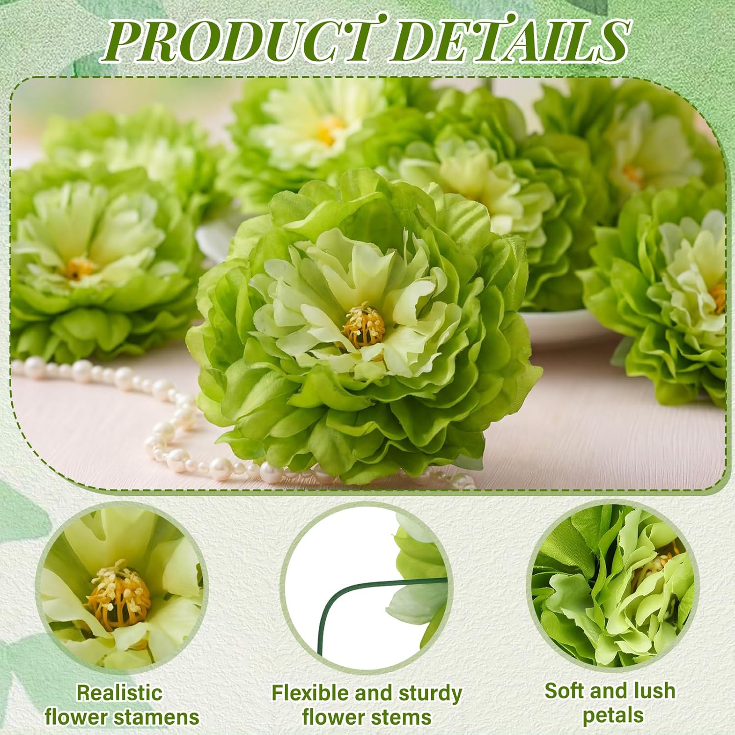 Suncalla 50 Pcs 5.5 Inches Peonies Artificial Flowers with Wire Branch Silk Realistic Blooming Fake Peonies Rose Bouquets for Wedding Table Centerpiece DIY Craft Party Home Decor (Green)