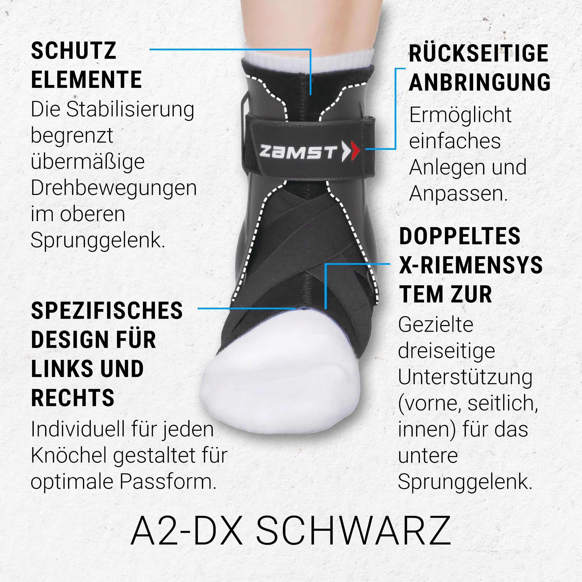 Zamst A2-DX Sprunggelenkbandage (Rechter - M) Verstellbar gegen Umknicken - Schwere Verstauchungen Grad III Chronische Instabilität - Ideal zum Sport- Bandage Fußgelenk - Korrekte Passform R&L