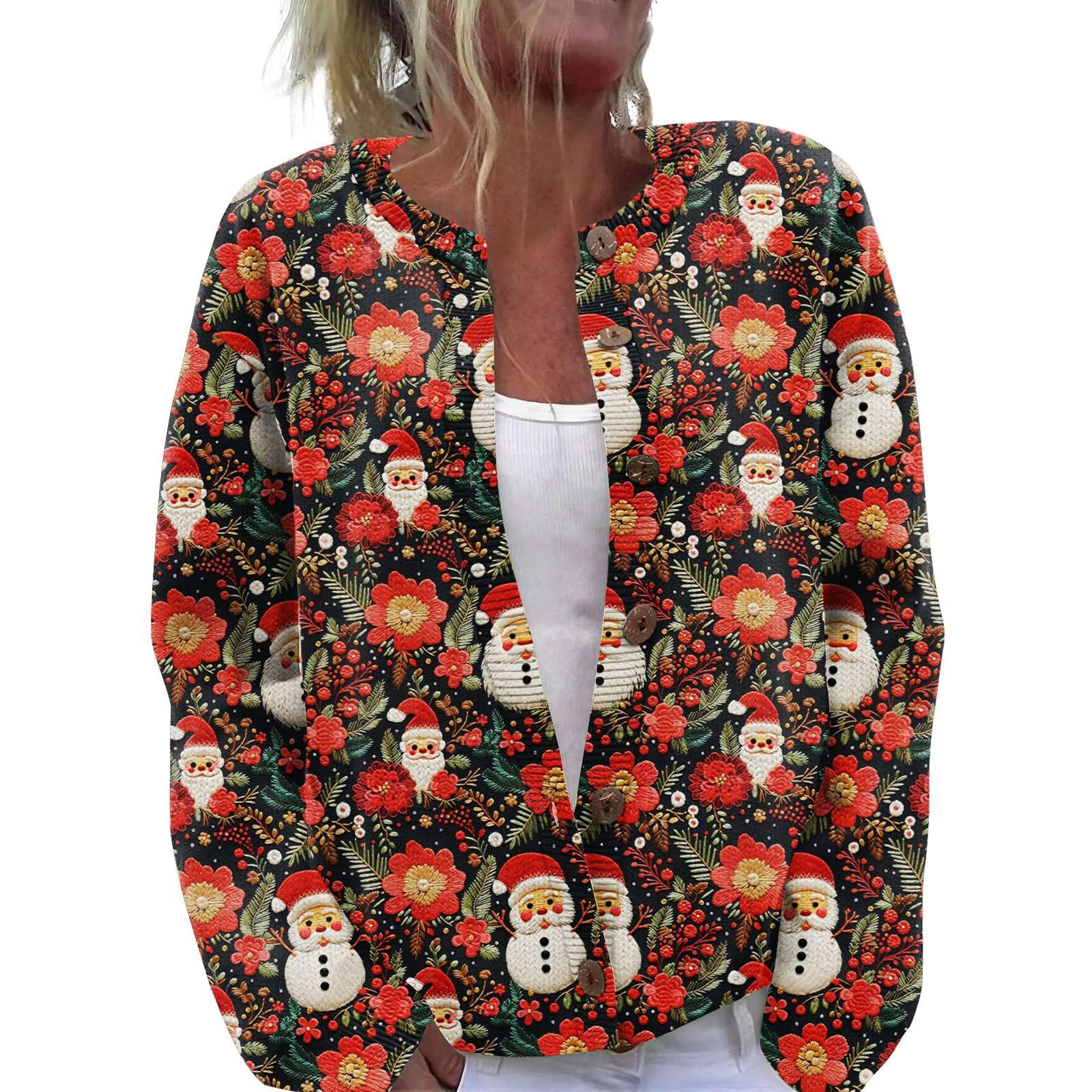Ugly Christmas Sweater Women Cute Funny Xmas Print Open Front Button Cardigan Sweaters Fall Winter Warm Knit Coats