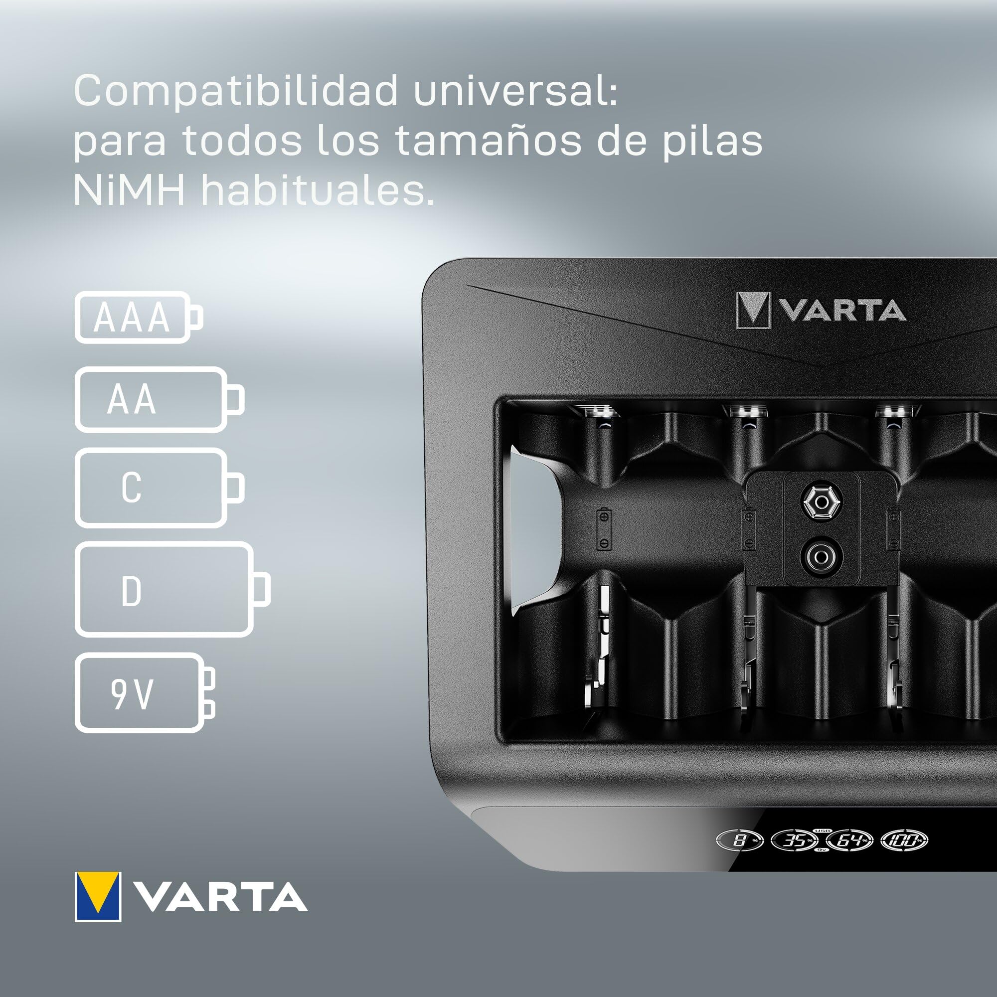 VARTA Cargador de Pilas, Cargador para Pilas AA/AAA/C/D/9V Recargables y Dispositivos USB, LCD Universal Charger+, Carga por Ranura única, no Equipado | para pilas recargables NiMH, con fuente de alimentación/adaptador de coche 12 V
