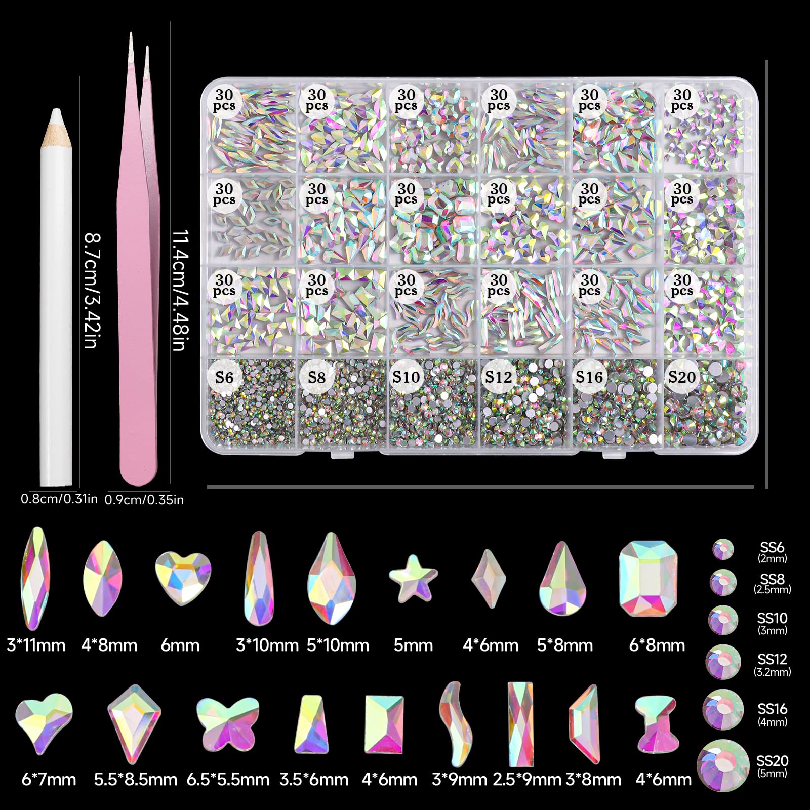 AB-Colors - Kit di strass per nail art, con retro piatto | Strass di cristallo AB con retro piatto, multi forme, diamanti per nail art, artigianato, vestiti, scarpe, gioielli