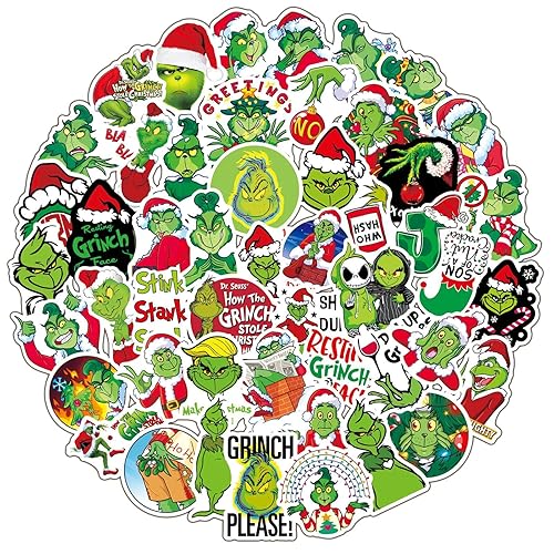 Christmas Theme Grinch Stickers for Kids Teens, 50pcs Waterproof Vinyl