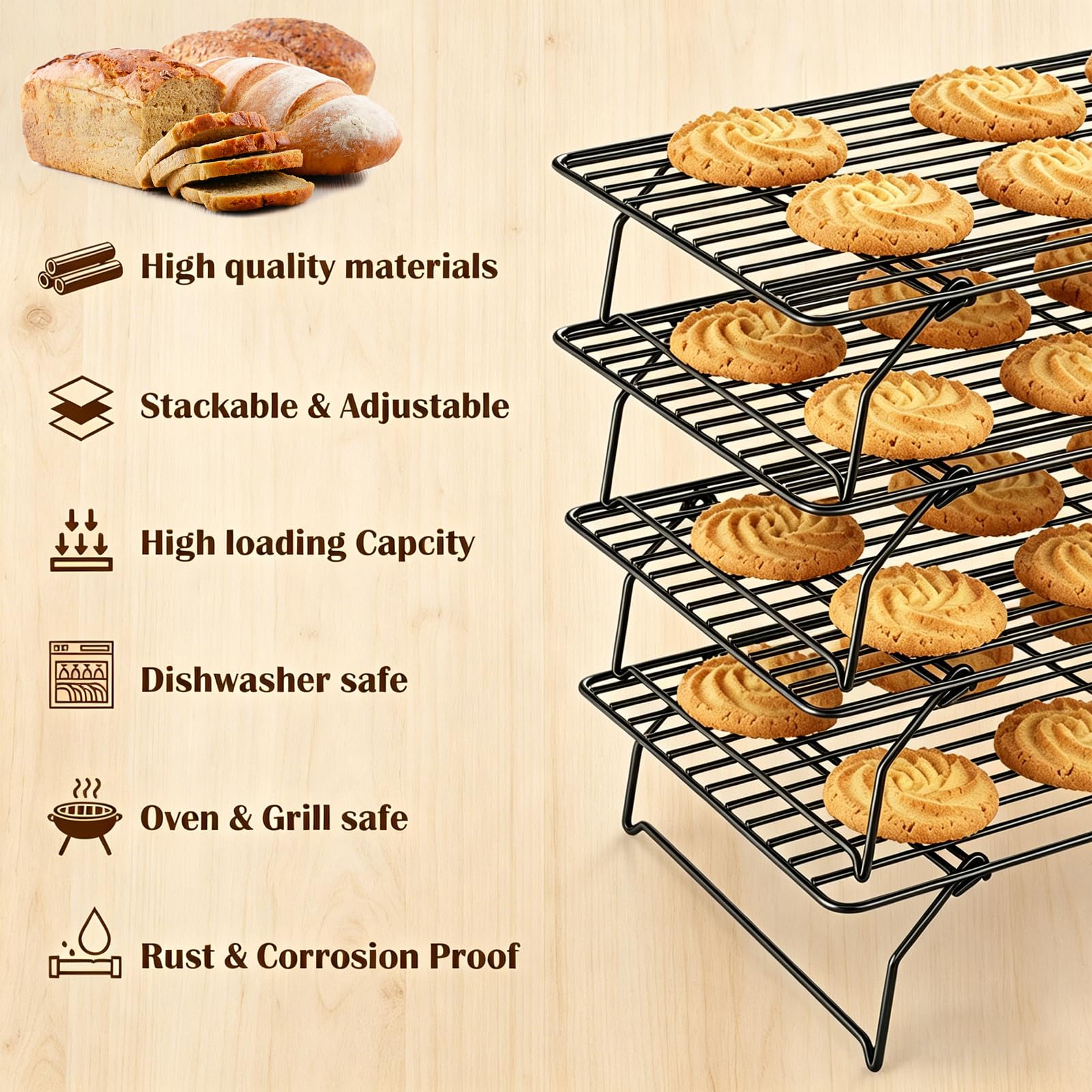 Grille de Refroidissement Empilables en Acier Inoxydable 40x25x4 cm 4 Étages Antiadhésif Cuisson Pâtisserie