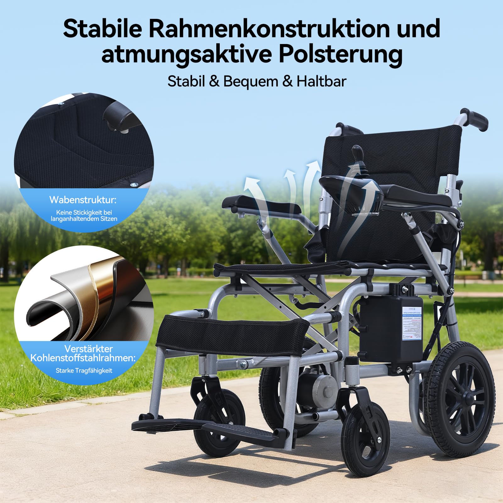 Elektrischer Rollstuhl mit langer Reichweite bis 20 km, stabil & bis 150 kg belastbar, faltbar für Transport, Anti-Kipp-System & Sicherheitsbremsen, für Alltag und Outdoor