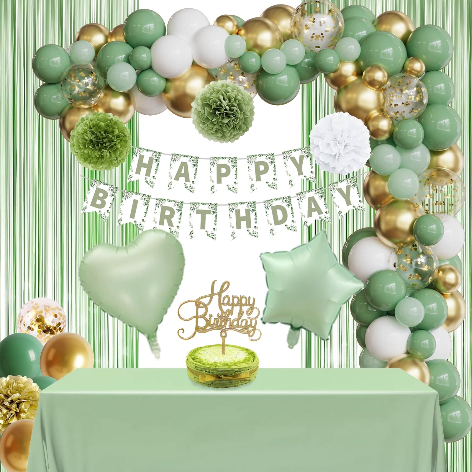 Sage Green Birthday Party Decorations,Olive Green Gold Balloon Garland,Tablecloth,Happy Birthday Banner,Tissue Pom Poms,Foil Backdrop,Cake Topper for Girls Women Her Boho Neutral Green Birthday Decor