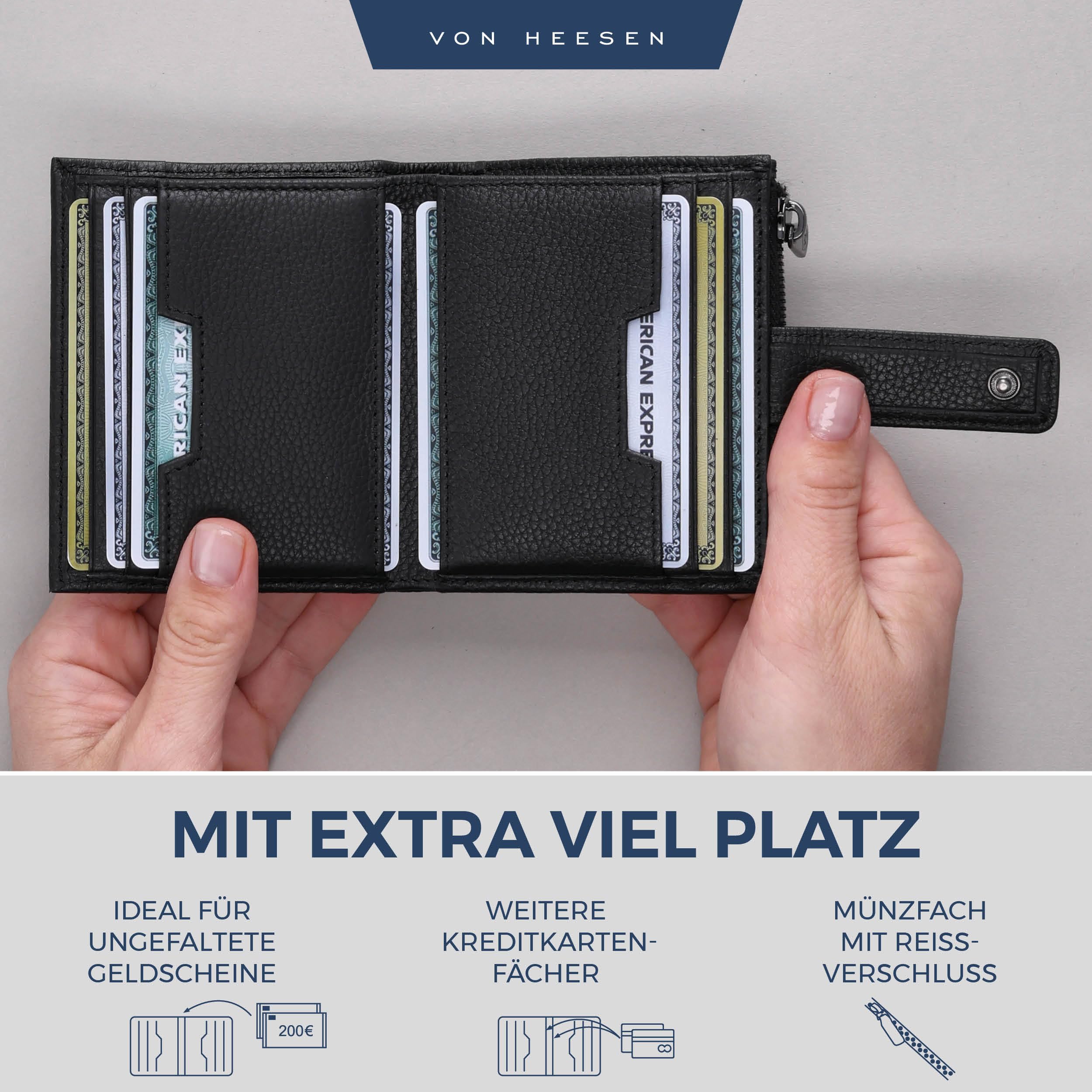 VON HEESEN Leder Kartenetui Geldbörse mit RFID-Schutz - Portemonnaie für Herren & Damen aus echtem Leder - Kartenhalter mit Münzfach - Geldbeutel für Männer und Frauen in Schwarz