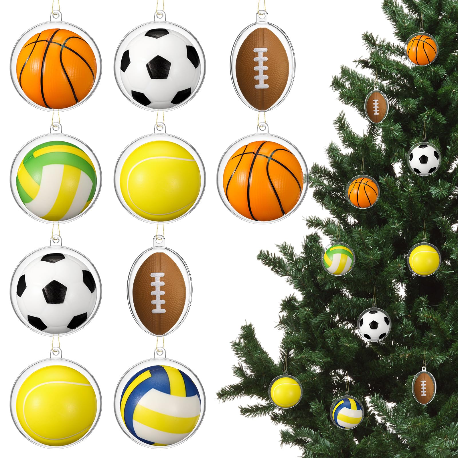 Syhood 10 Set Christmas Sports Ball Ornaments for Christmas Tree Include 10 Mini Stress Relief Sports Balls 2.5 Inch Foam Hanging Decoration and 10 Clear Plastic Fillable Ornaments Xmas Party Supplies