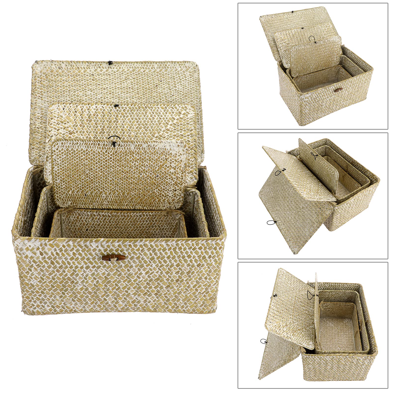 Hipiwe Set mit 3 Weidenkörben mit Deckel – groß, handgewebt, Seegras, Regalkorb, Behälter, rechteckig, stapelbar, Haushalts-Organizer, Boxen für Regal, Schrank, Kleiderschrank, Organizer, weiß