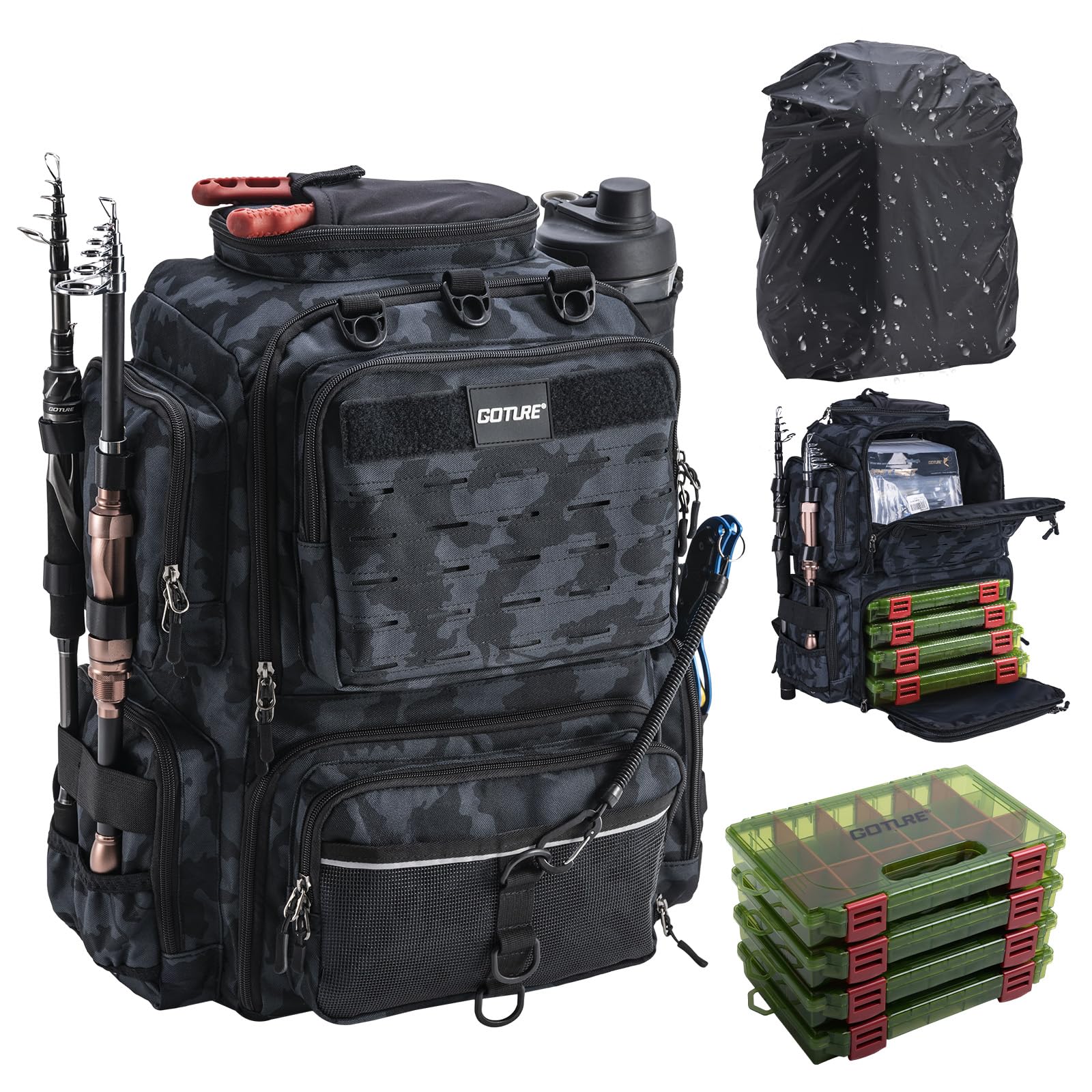 Goture Zaino da pesca, zaino per accessori da pesca con due supporti per canna e parapioggia, borsa per attrezzi da pesca impermeabile con scomparto regolabile e 8 tasche per esche, zaino da 45 litri