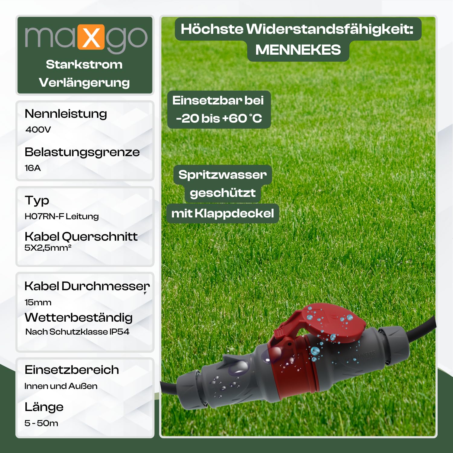 CEE Starkstromkabel Starkstromverlängerung Verlängerungskabel Starkstrom Gummiverlängerung H07RN-F 5X2,5mm² Phasenwender 5P 16A 400V Kraftstromkabel Außenbereich 15m