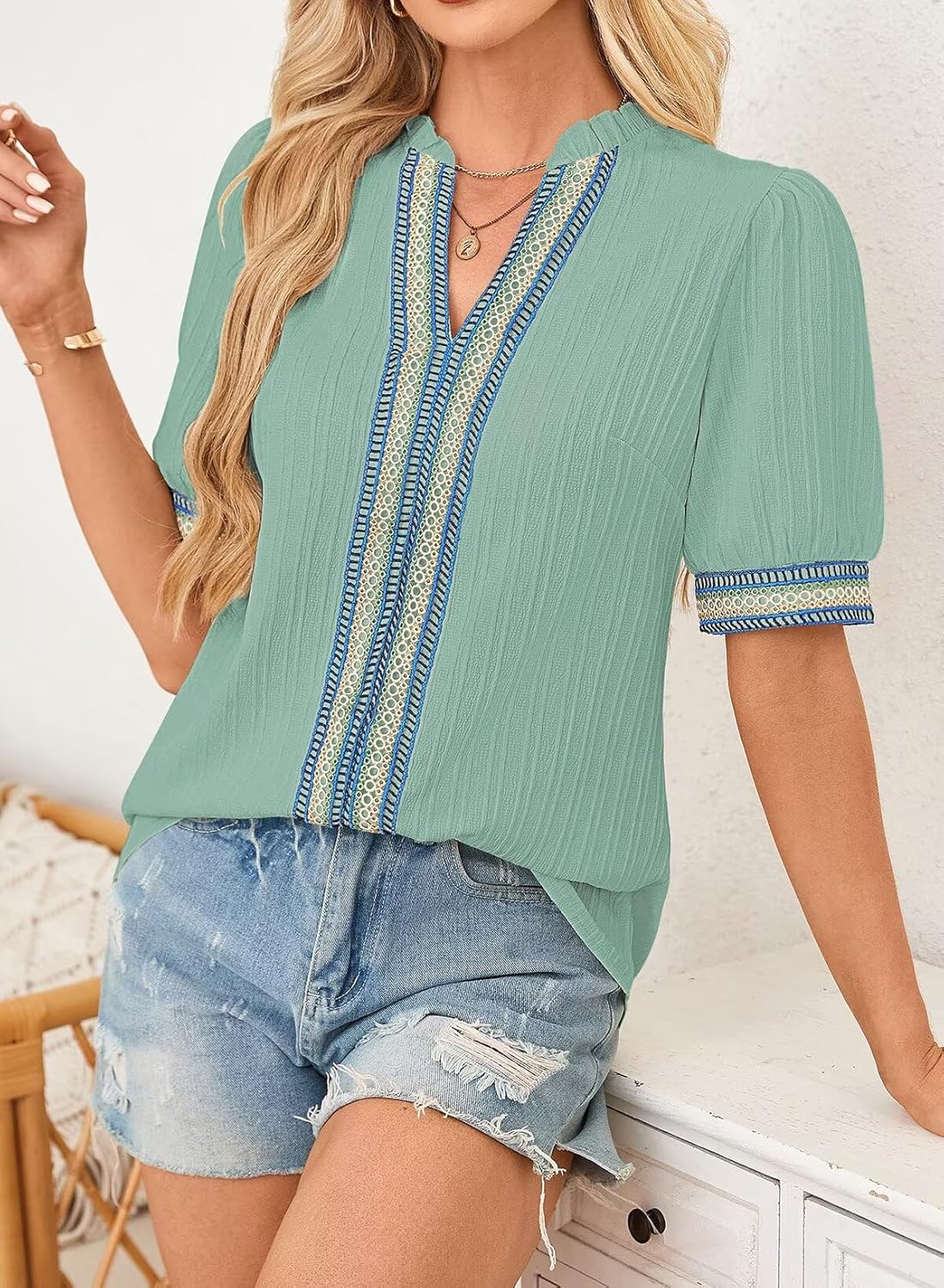 Womens Summer Tops Short Sleeve Lace V Neck Shirts Business Casual Flowy Boho Blouses Dressy Work Outfit Trendy 2025 - Image 2