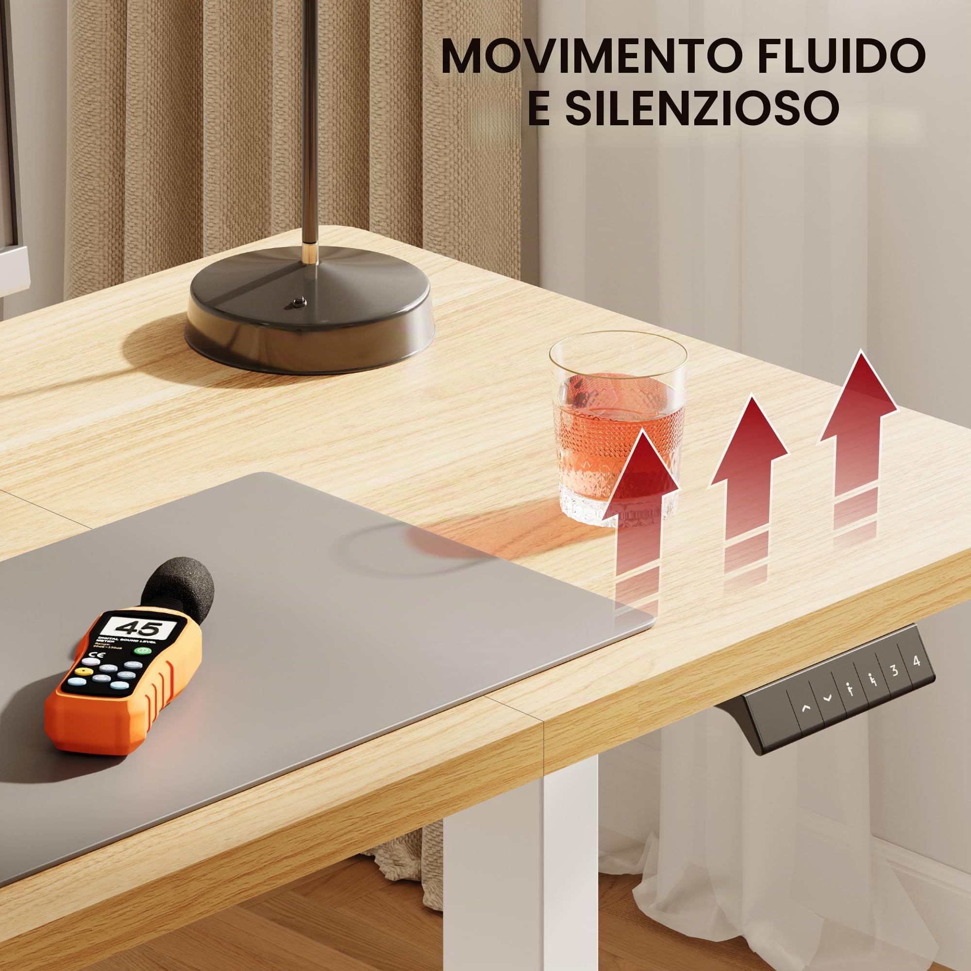 SANODESK Scrivania Regolabile in Altezza con Piano Completo – Inclusi 4 Accessori: Portabicchieri, Gancio, Contenitore e Gestione Cavi, con Funzione di Memoria, per Ufficio e Tempo Libero