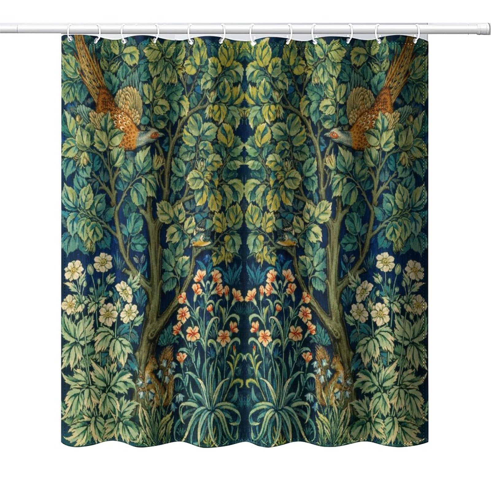 DDCBNS William Morris Style Shower Curtain,Mid Century Vintage Flower Birds Green Plant Abstract Art Print Shower Curtain for Bathroom Decor Fabric