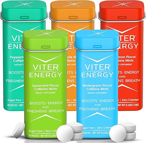 Viter Energy Mentas con cafeína, paquete variado de 5 sabores. 40 mg de cafeína, vitaminas B, menta vegana sin azúcar. Potente impulso energizante.
