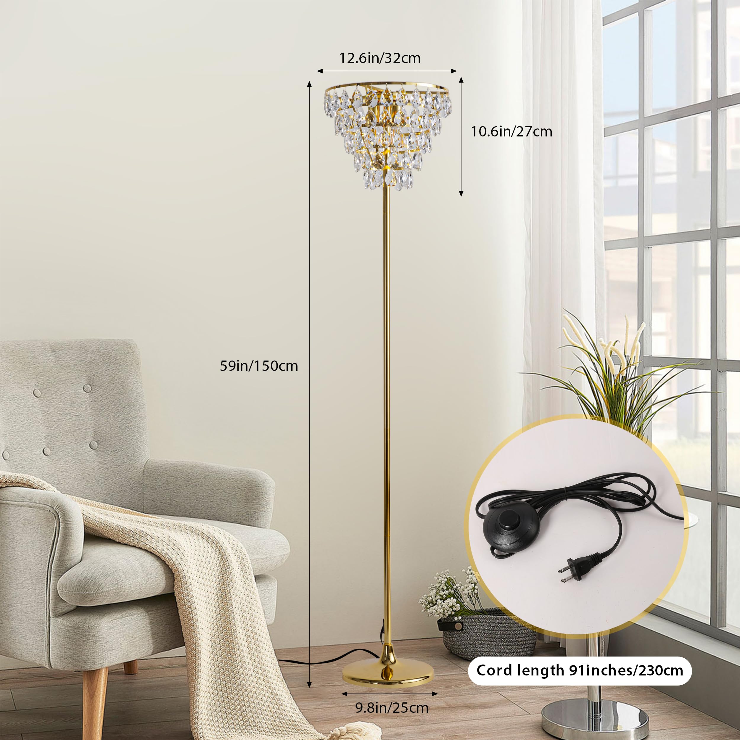 Alpinaluz Kryształowa lampa stojąca – stylowy design ze złotą podstawą, abażurą wodospadową i 3 lampami E14, nowoczesny styl do salonu, sypialni i biura