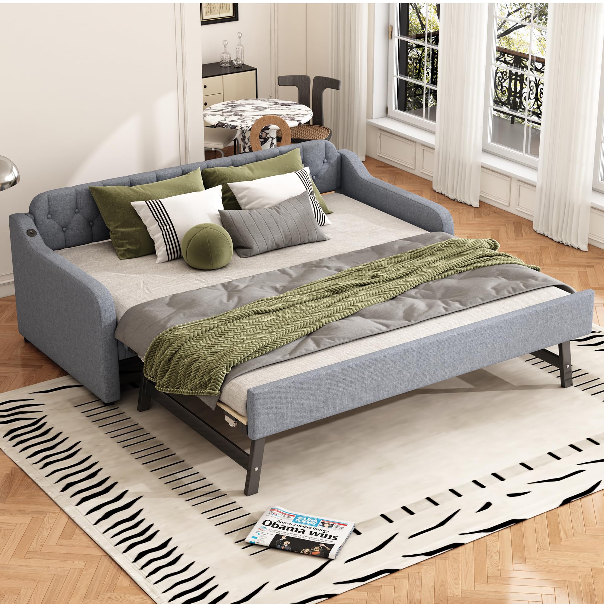 Sofá Cama de 90×200 cm con Cama abatible y USB (Gris, sin colchón), sofá Cama con Superficie para Dormir extraíble – Diseño Moderno 2 en 1 con práctico Puerto USB