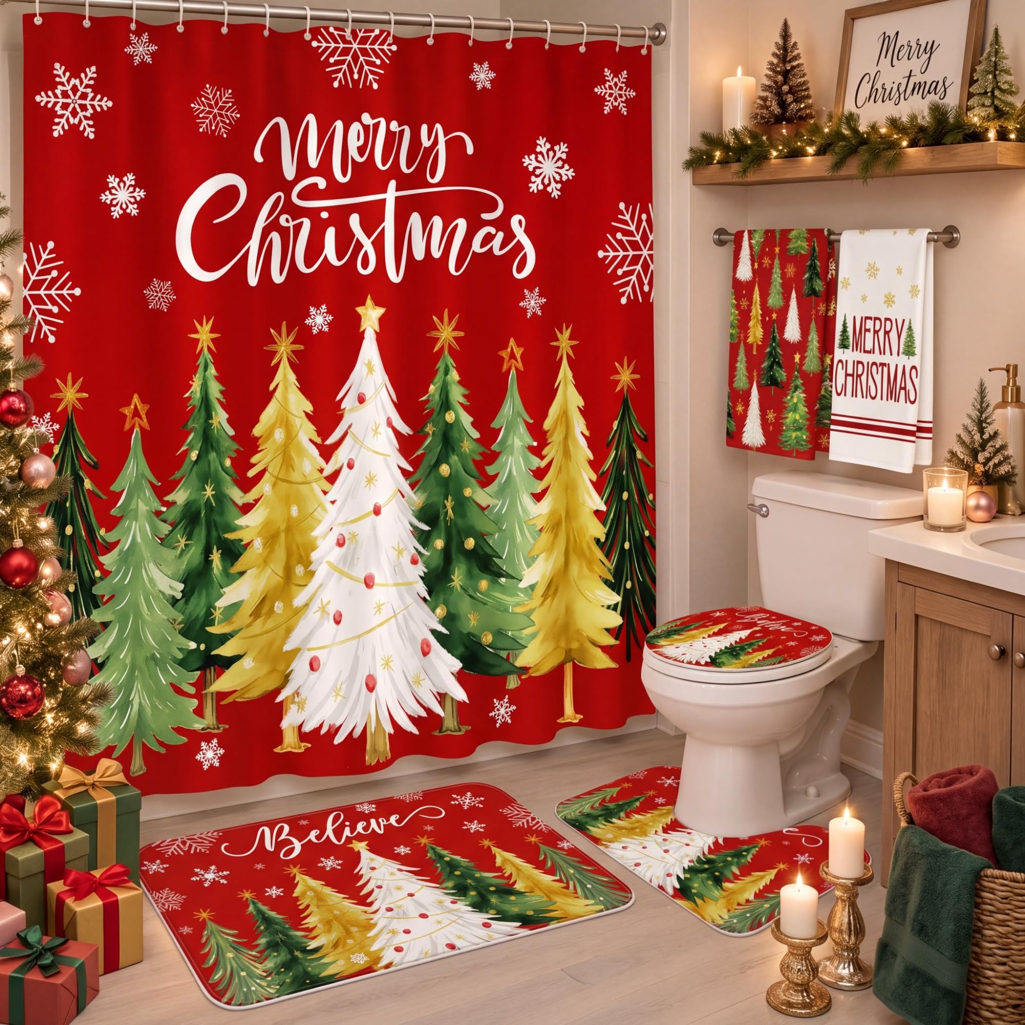 HunnmingRe 6 Pcs Christmas Bathroom Decor Red Xmas Tree Shower Curtain Sets
