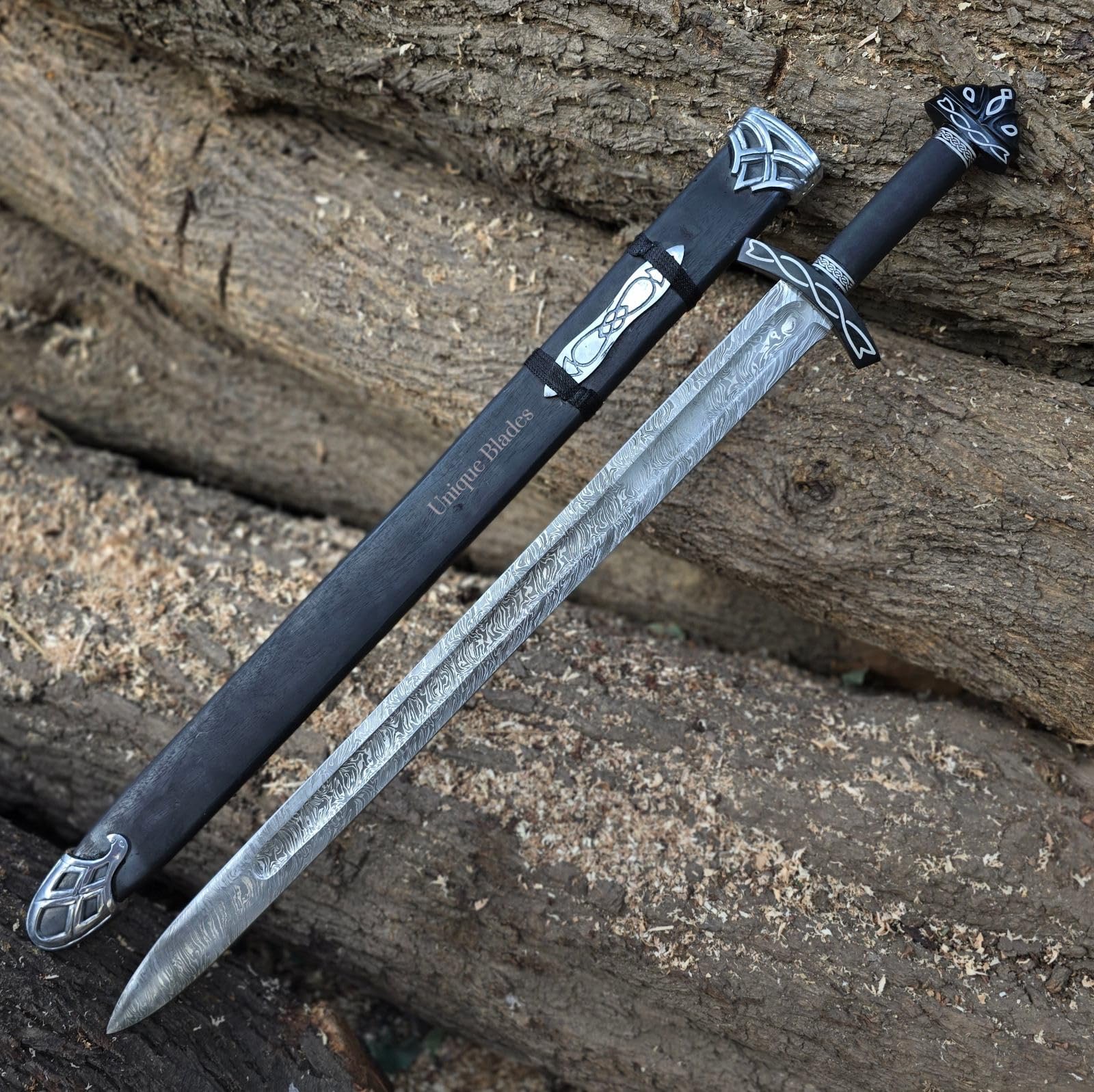Northman Schwert 1095 Damaszener Stahl Vollgriff Mit Scheide 96,5 cm, Viking Northman's, Kampfbereit Mittelalterlich Schwarz