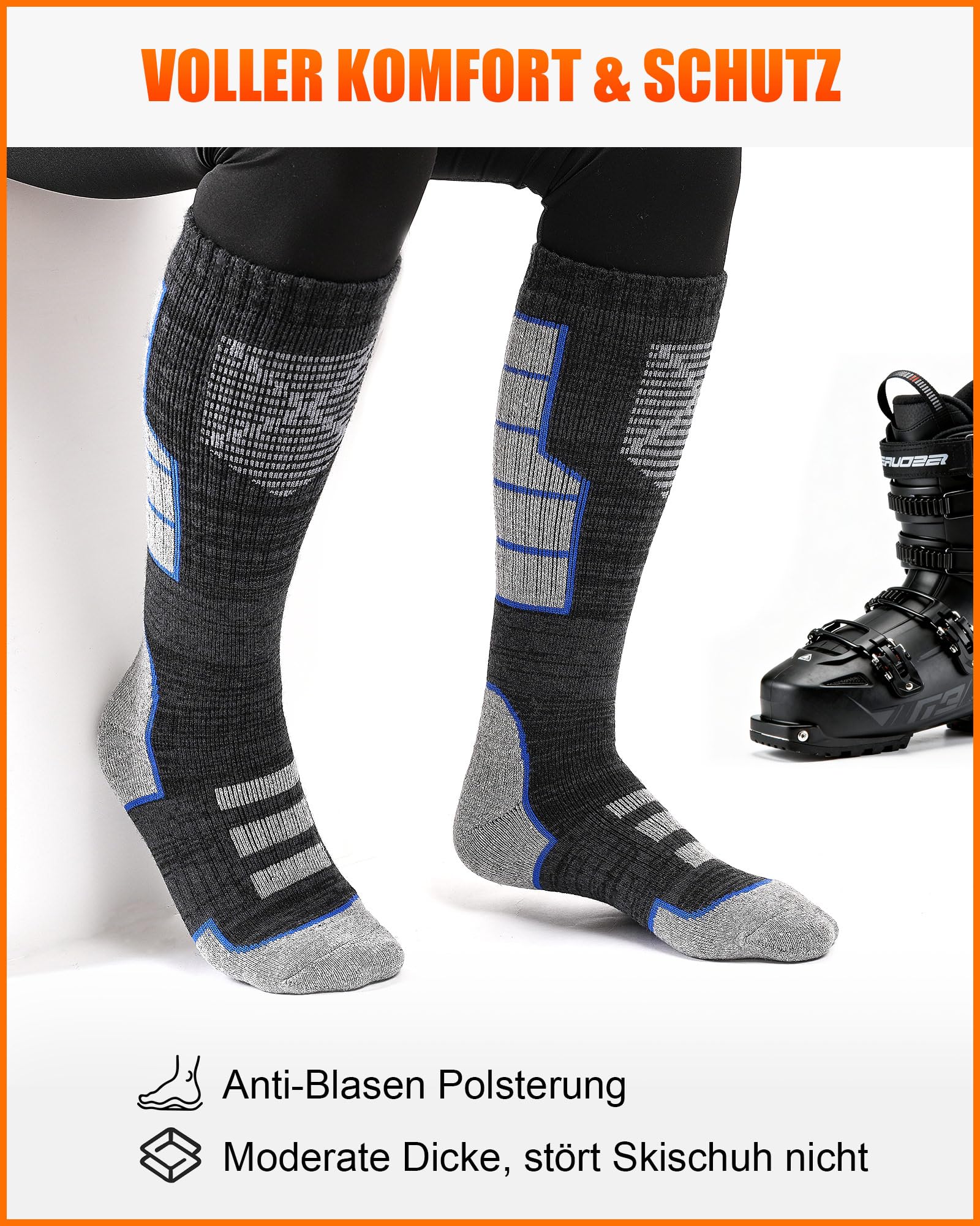 Niofind Calcetines de esquí de merino para hombre y mujer, 2 pares, de rizo completo, calcetines térmicos, calcetines cálidos de invierno, calcetines de esquí que absorben la humedad para clima frío