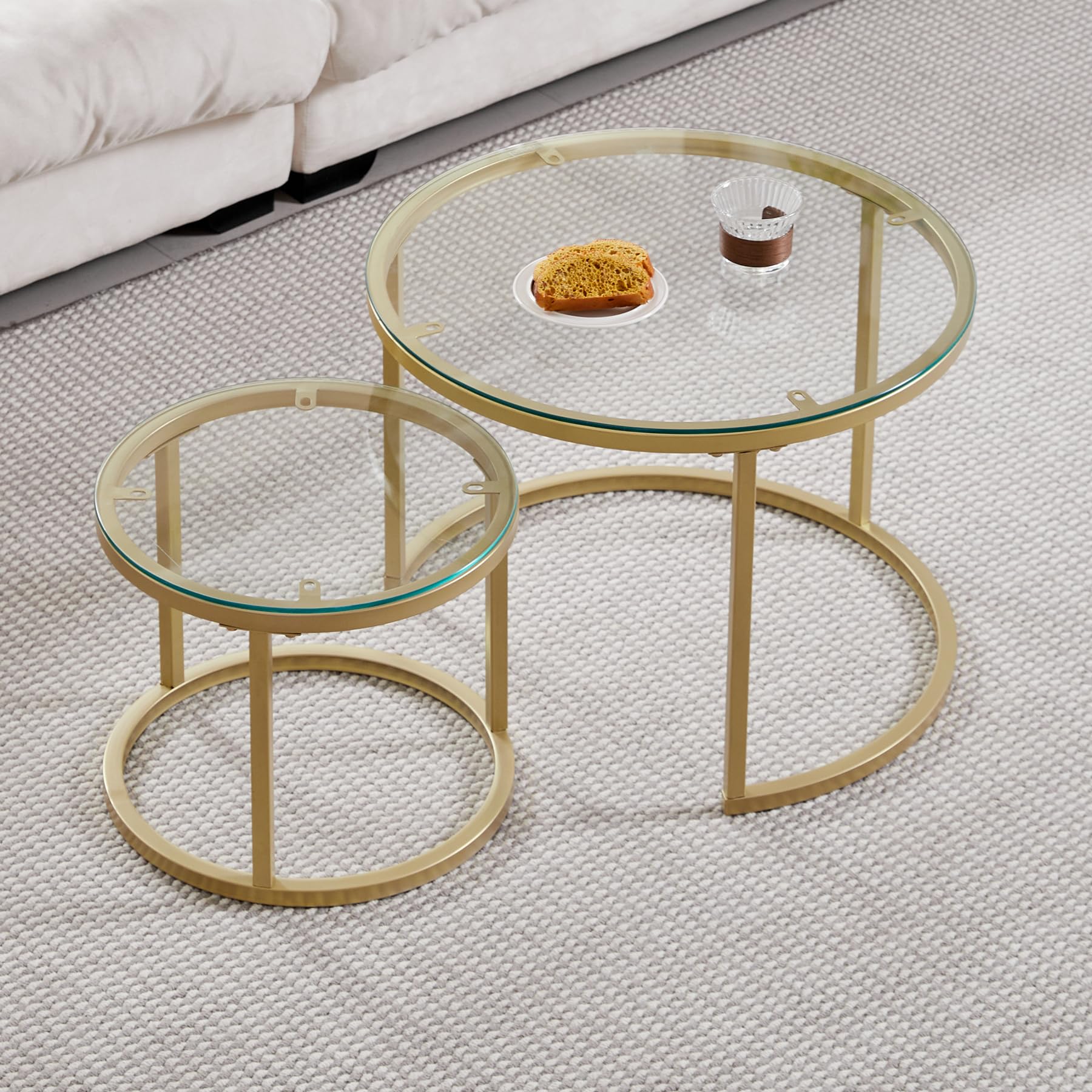 Set di 2 Tavolini da Caffè Rotondi con Piano in Vetro, Tavolini Rotondi a Incastro, Grande: 60 x 60 x 45 cm; Piccolo: 40 x 40 x 35 cm (Vetro Oro)