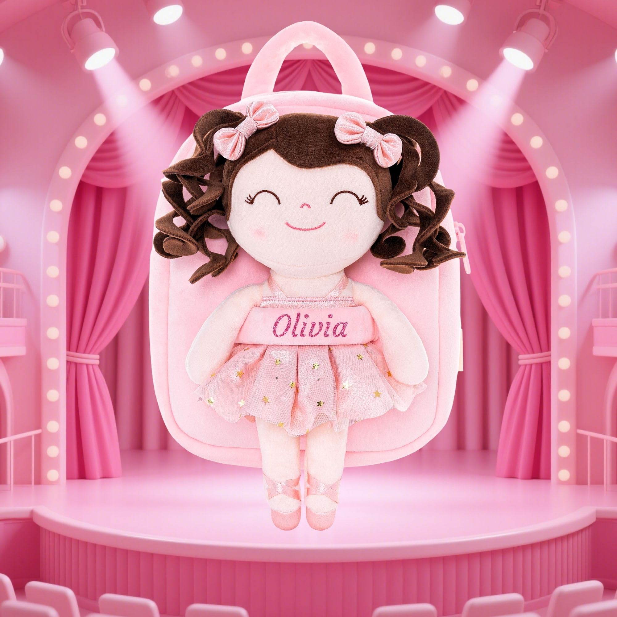 Gloveleya Personalized Toddler Backpack Ballerina Girl Gifts Plush Curly Hair Ballet Backpack - Champagne Pink 9 inches