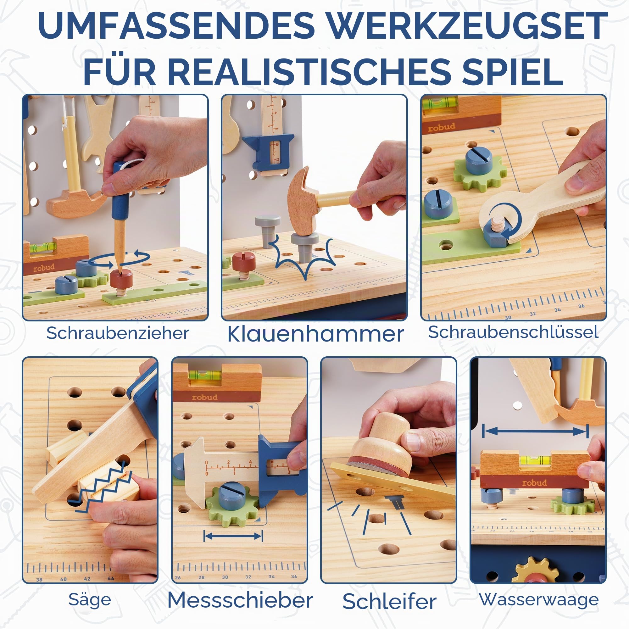 ROBUD Holzspielzeug Werkbank, Großes Kinder Holz Spielwerkzeug, Pretend Play Creative Building Set, Construction Workshop Tool Bench Toys, Geschenk für Mädchen Jungen 3+