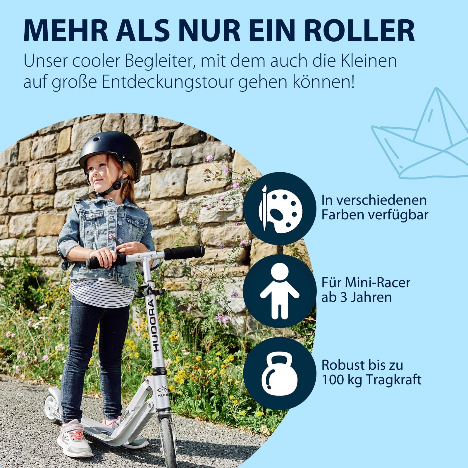 HUDORA Little BigWheel Scooter - Sicherer Aluminium-Roller für Kinder ab 3 Jahren - Höhenverstellbarer & zusammenklappbarer Cityroller für bis zu 100kg - Stabiler Tretroller mit großen Reifen