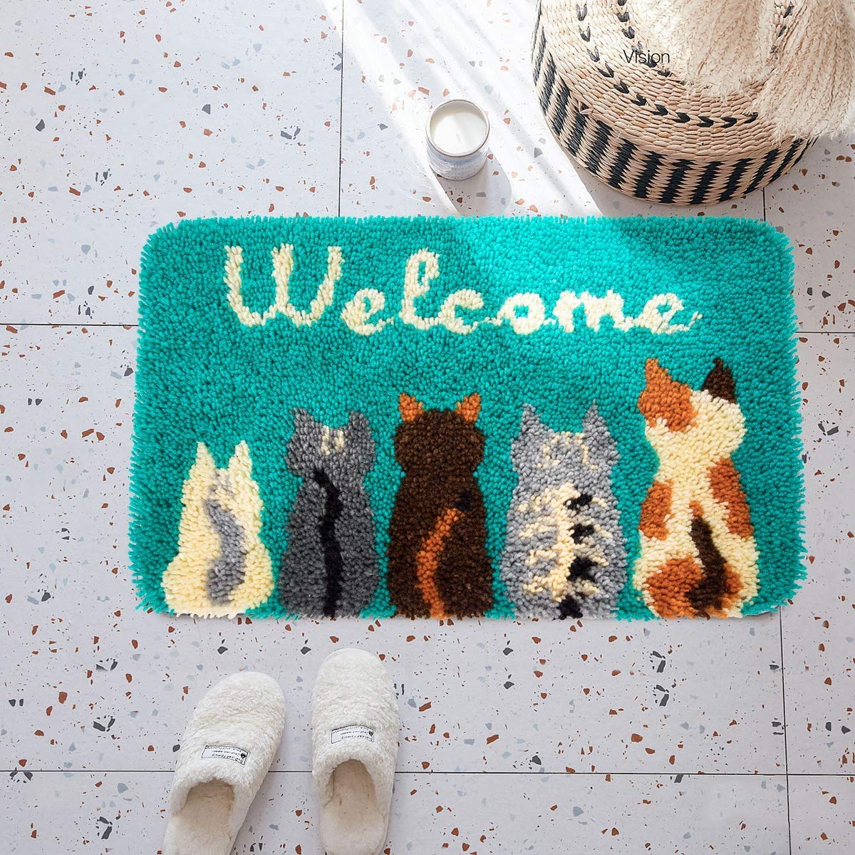 ROCKY&CHAO Kit de Alfombras con Gancho de Pestillo 3D Latch Hook Manualidades Kits DIY Kit de Punto de Cruz Fabricación para Adultos Niños Decoración del Hogar 60x40cm(Cinco gatitos)