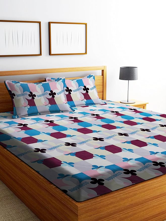 Buy Dream Living 100% Microfiber Bedsheet for Double Bed with 2 Pillow Covers Breathable|Wrinkle Free and Super Soft Touch Flat Double Bedsheet Geometric Print- Grey and Blue,180 TC at Rs. 229