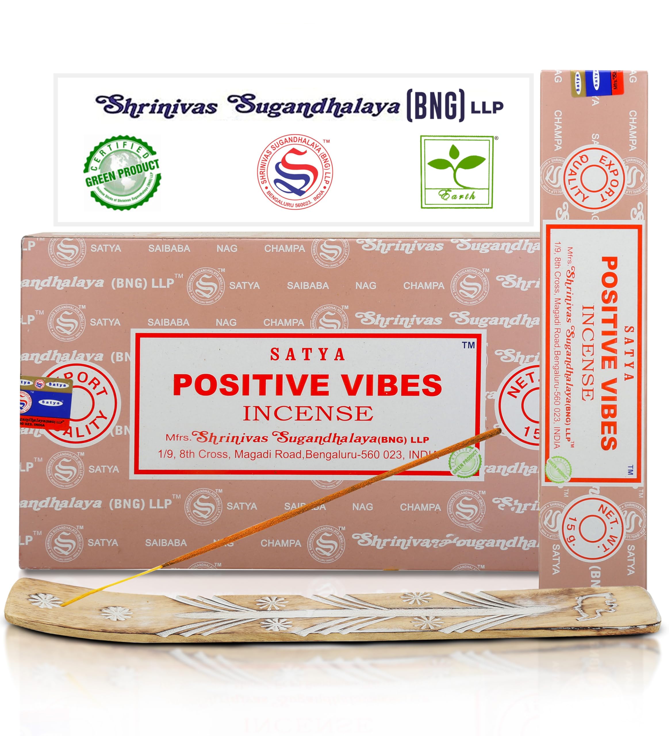 Satya Positive Vibes Incense Sticks, Satya Bng (Bangalore) Insenses 15gmx12 Pack with Raajsee Incense Holder Bundle, Satya Nagchampa Natural Incense
