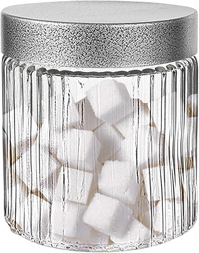 Stylesetter 303393-L - Tarro de vidrio en relieve de 58 onzas con tapa de metal hermética para galletas, dulces, café, harina, azúcar, arroz, pasta,