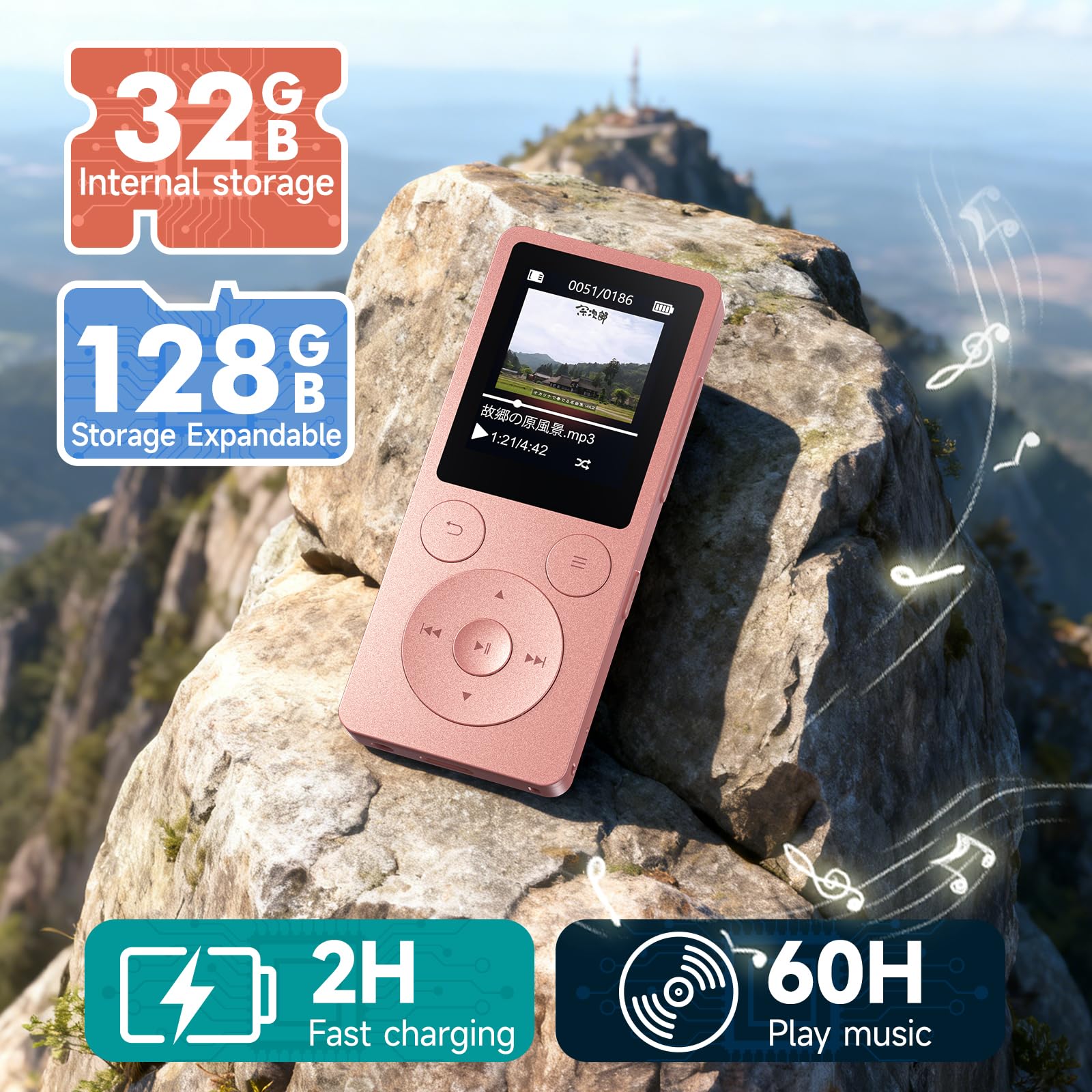 32GB Lettore MP3 Bluetooth 5.3 & Altoparlante – Aggiornamento con Tasti Fisici (Indietro, Menu, Volume), Solo 37g con Cuffie, Radio FM, Registratore Vocale, Design Mini, Espandibile fino a 128GB