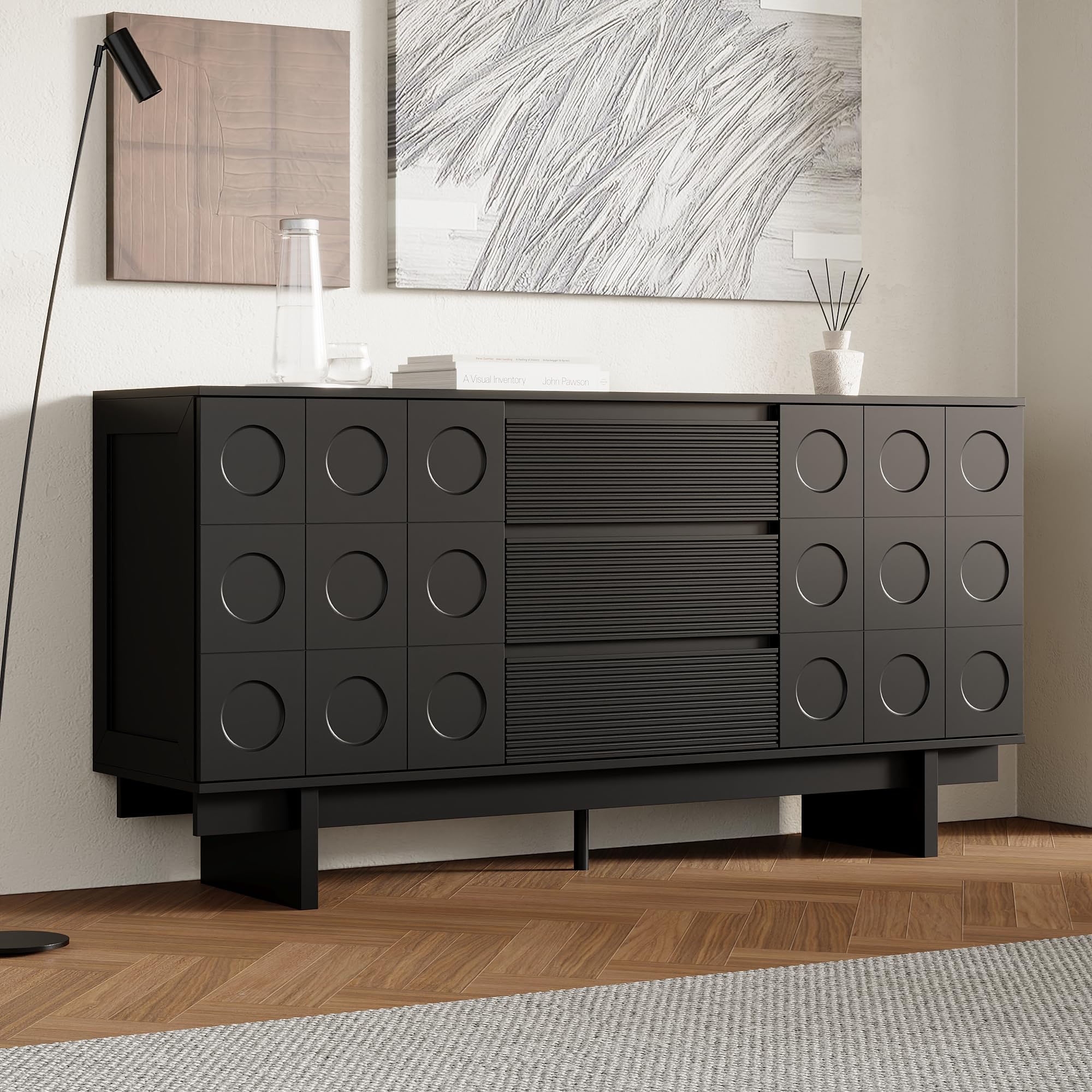 Elegante aparador negro – 160 x 40 x 80 cm – Cómoda con 3 cajones y 2 puertas – Diseño moderno para salón, comedor o pasillo – Elegante espacio de almacenamiento con carácter