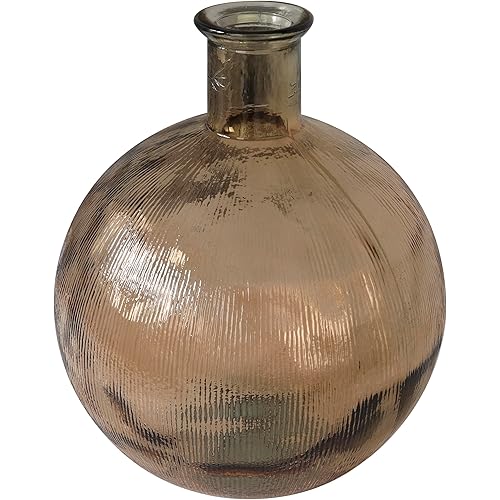 Deco 79 Recycled Glass Handmade Decorative Vase Spanish Bottle Neck Ribbed Centerpiece Vase, Flower Vase for Home Decoration 13" x 13" x 17", Brown