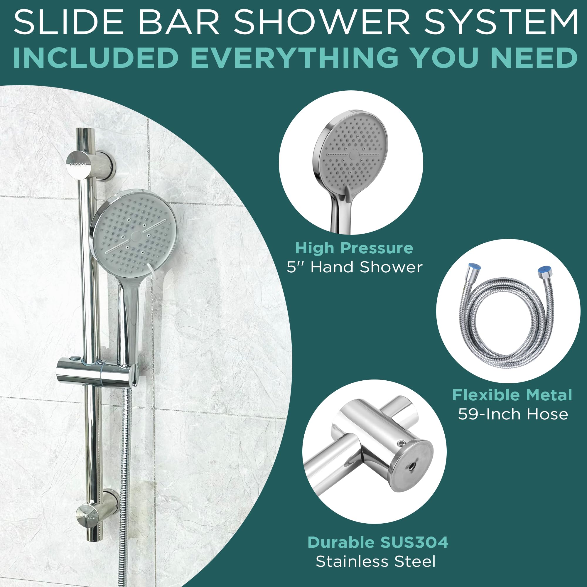 Kit de riel elevador de ducha de 60 cm, barra deslizante de ducha ajustable con cabezal de ducha de mano de 5 funciones y manguera de ducha de 150 cm, soporte de ducha de acero inoxidable SUS304,