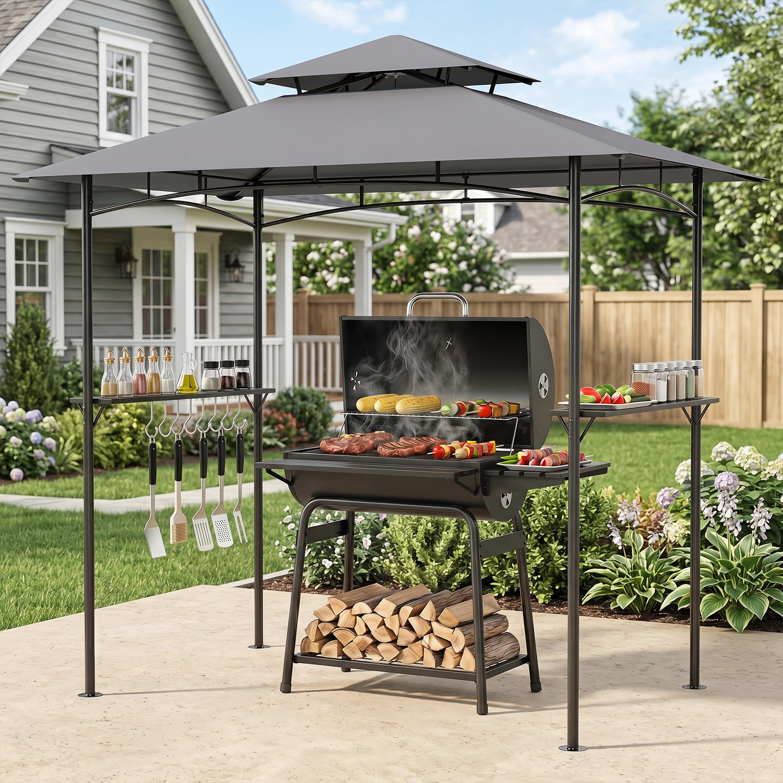 COSTWAY Gazebo Esterno Resistente con Tettoia a Due Livelli, Gazebo per Barbecue con 2 Tavoli da Bar in Metallo e 8 Ganci Laterali, Pergolato da Giardino per BBQ, Feste e Picnic, 245 x 151 x 192 cm