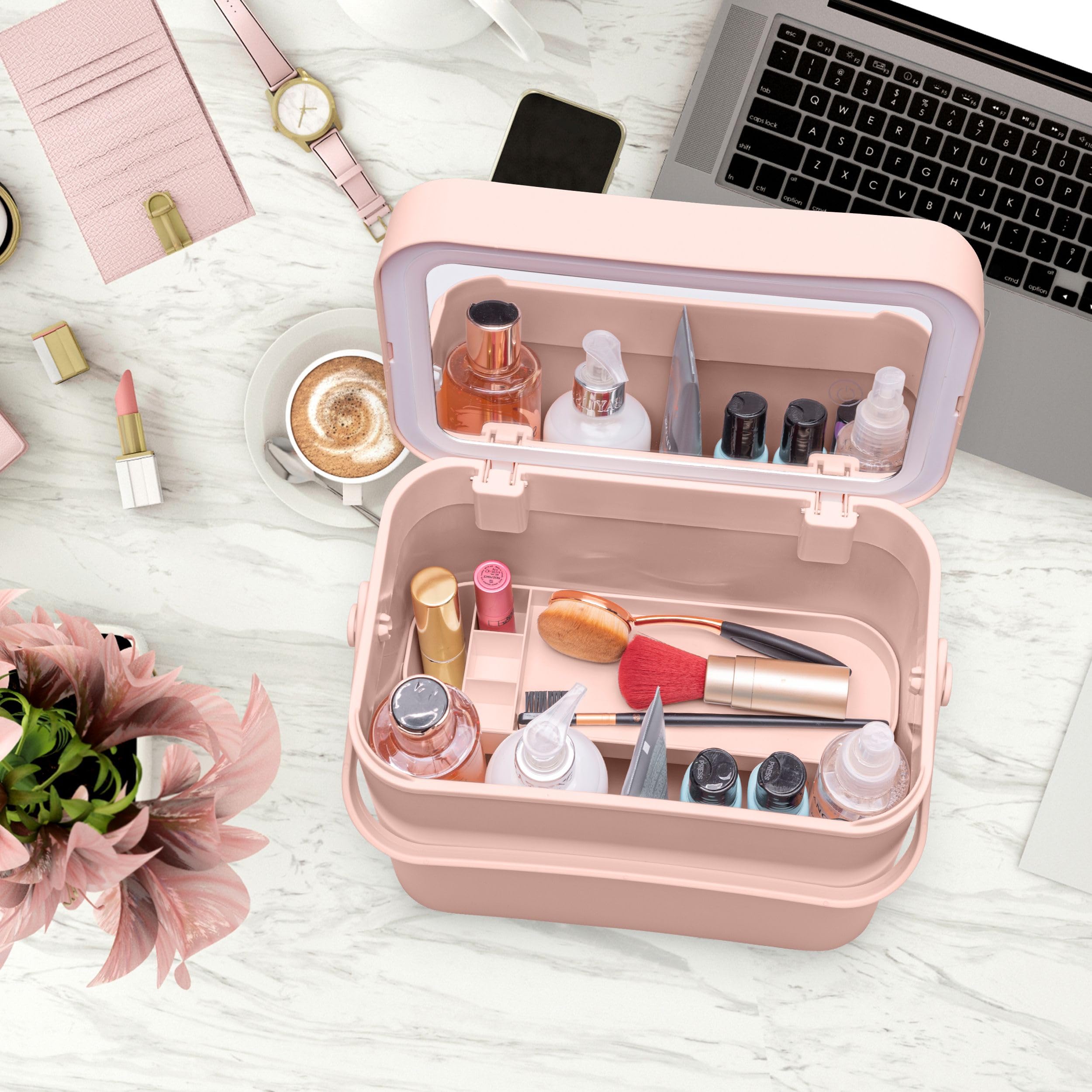 Rio Bujne pudełko kosmetyczne kosmetyczne kosmetyczne etui podróżne z wyjmowanym oświetleniem LED - duże, Pink, Stylowe, lekkie i kompaktowe pudełko kosmetyczne