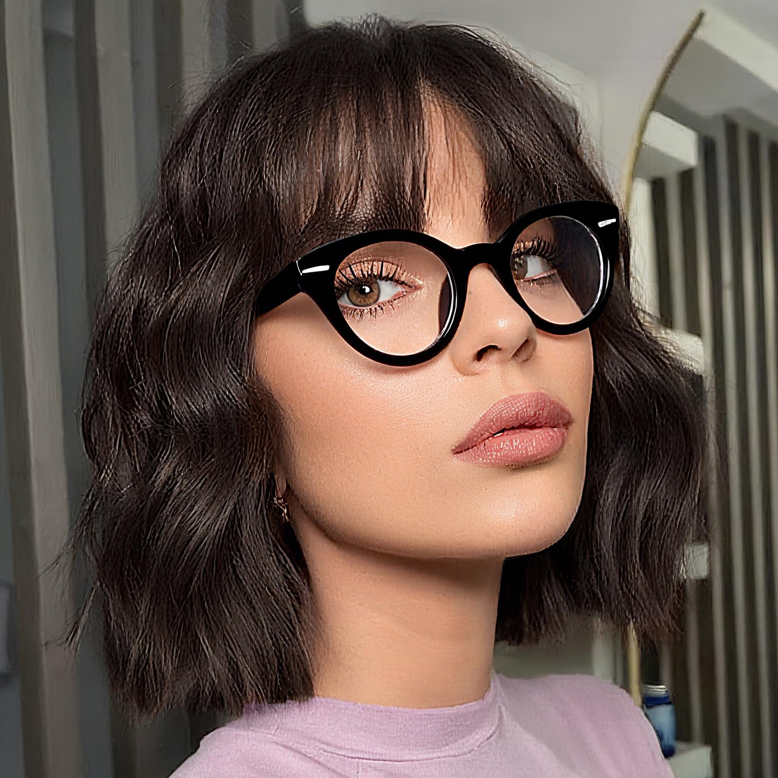 BUYOGET Wavy Bob Wig with Bangs Dark Brown Synthetic Hair Shoulder Length 12 Inch Short Curly Wigs for Women