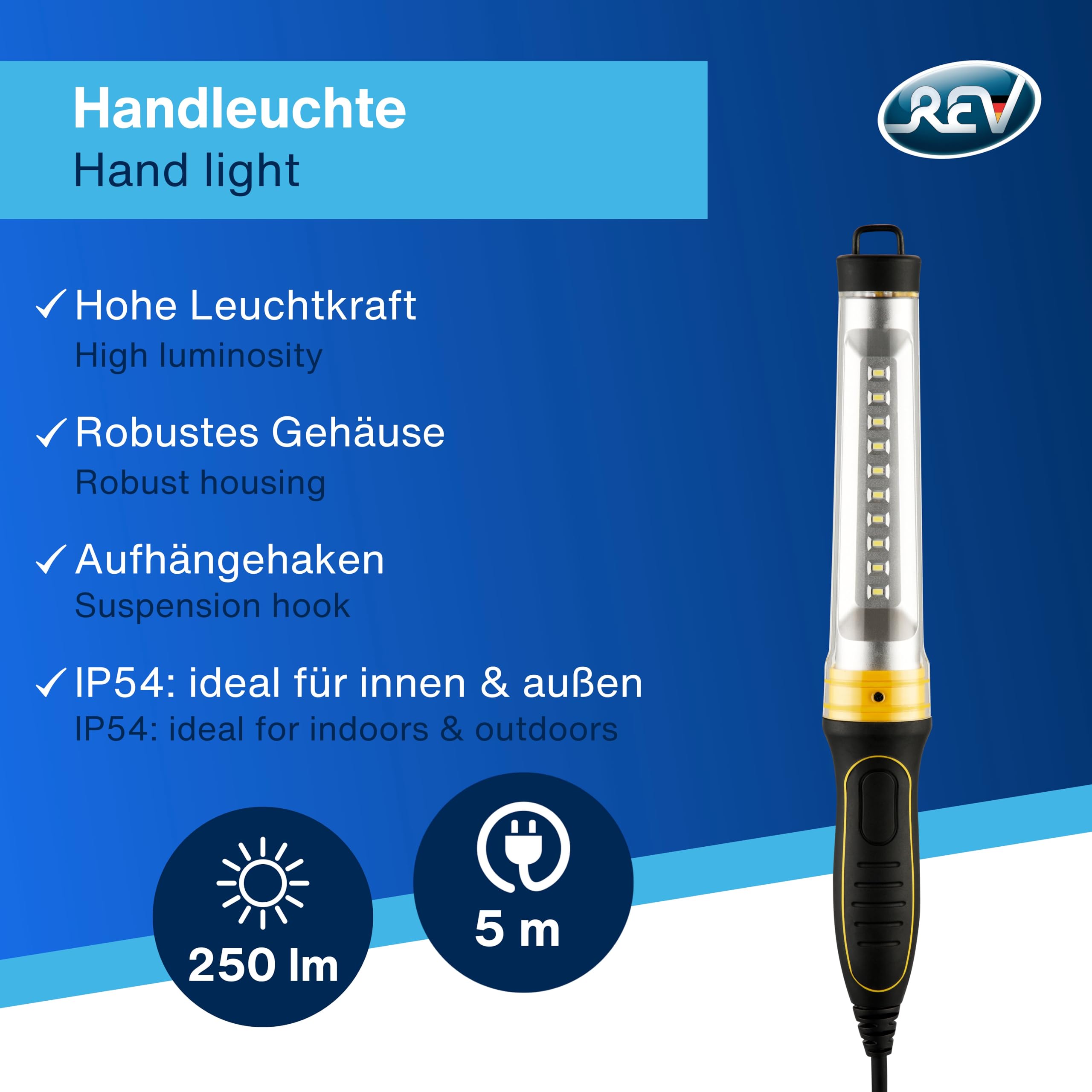REV Lampada da officina con gancio per appendere, cavo da 5 m, ideale per officina e auto, 6 W, 250 lm, IP54, colore nero