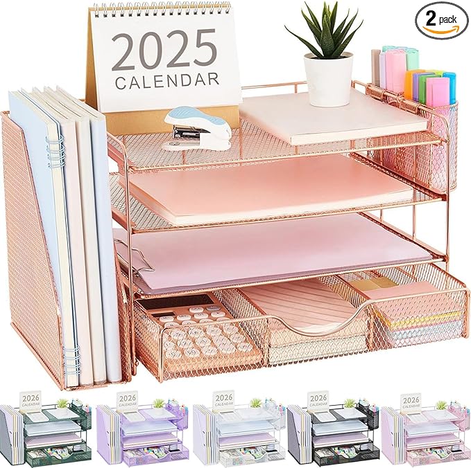 gianotter Desk Organizers and Accessories with File Holder, 4-Tier Desk Accessories & Workspace Organizers with Drawer and 2 Pen Holder, Paper Organizer for Office Supplies (Rose Gold)