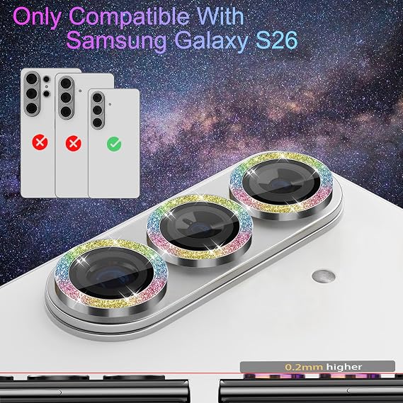 カメラレンズプロテクター Galaxy S26用 個別強化ガラスアルミニウム合金リングレンズカバー 取り付けトレイ付き Galaxy S26 グリッターカラフルに適合