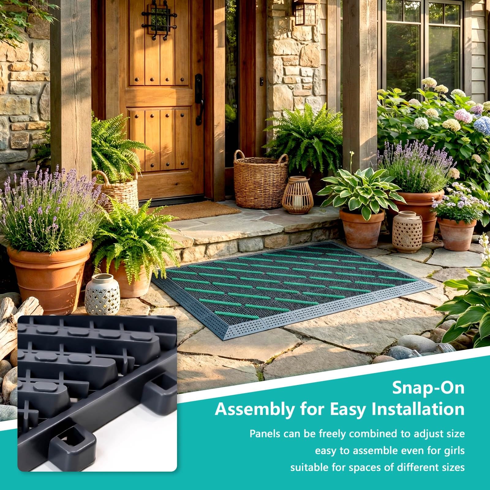Felpudo de EVA resistente para todo tipo de clima con cepillo raspador, diseño entrelazado, impermeable, para garaje, patio, jardín, rojo y gris (60 x 90 cm, 3 cepillos)
