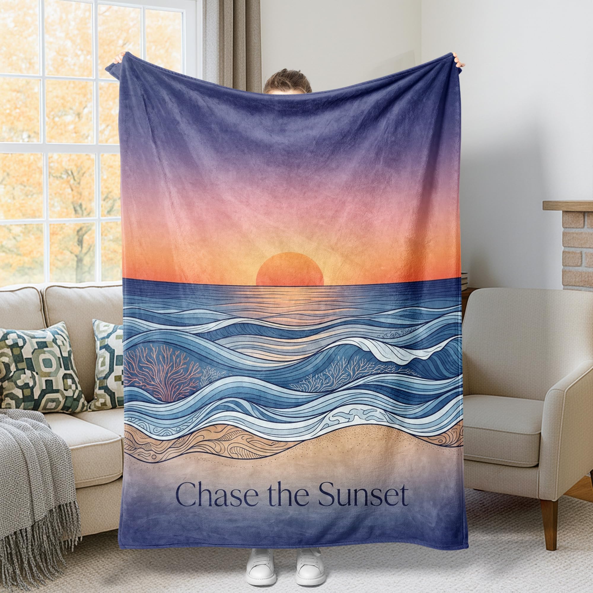 Couverture polaire coucher de soleil pour s'emmitoufler au bureau ou canapé