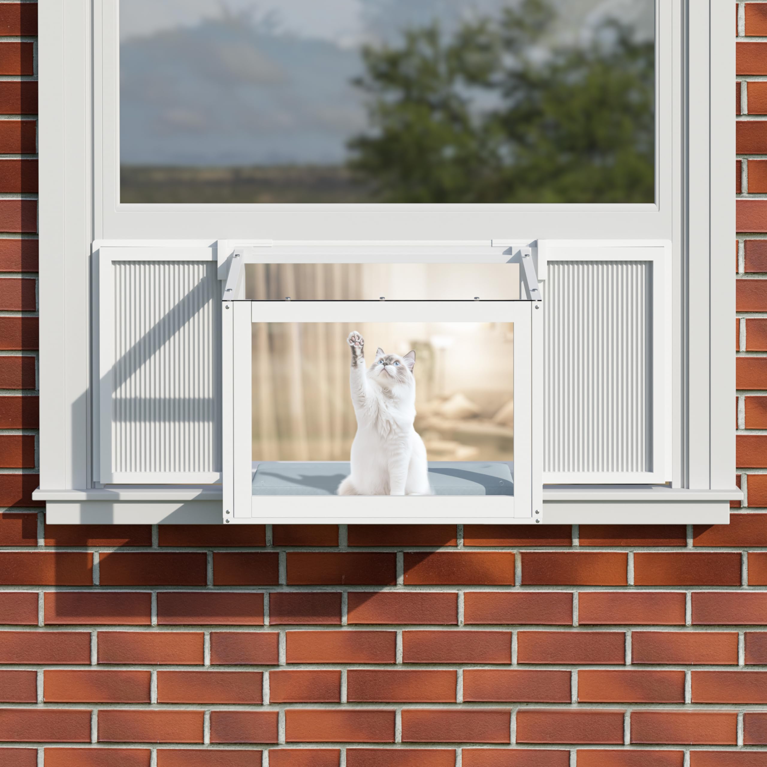 MUPATER Cat Window Box, Catio Outdoor Cat Enclosure Perch, Fits Double Hung Frames 26" to 42" Wide, All-Weather Use Wooden Window Kitty House, for