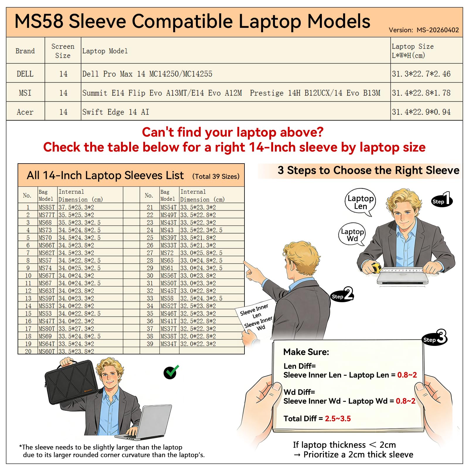 Smatree MS58 Protección rígida 14 Pulgadas Funda para portátil Compatible con DELL Pro MAX 14, para MSI Summit E14 Flip EVO/Summit E14 EVO, para Prestige 14H/14 EVO