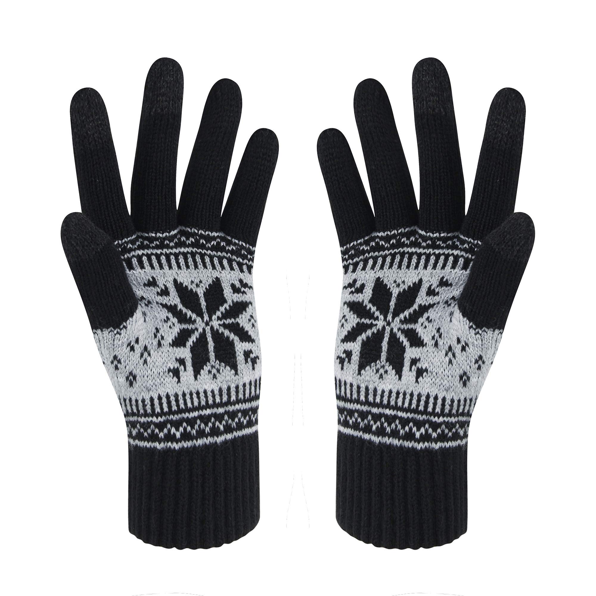 HÖTER Winter Touch Screen Gloves Snow Flower Printing Keep Warm for Women and Men, A1-men Black, 22CM